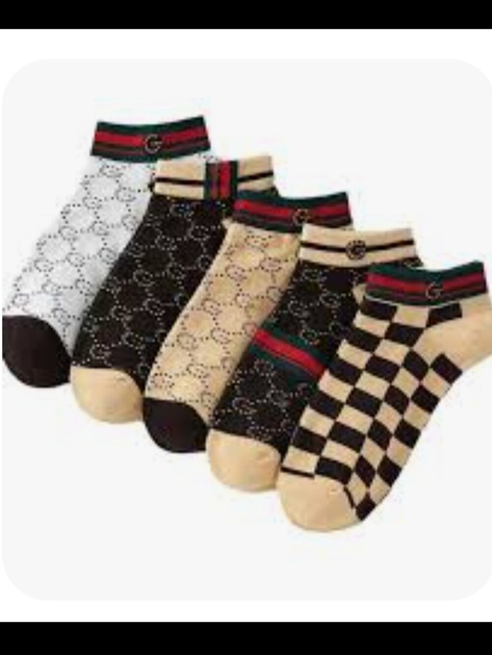 2 Pair Designer-Inspired Beige and Black Patterned Ankle Socks - Women - Picture 8 of 9